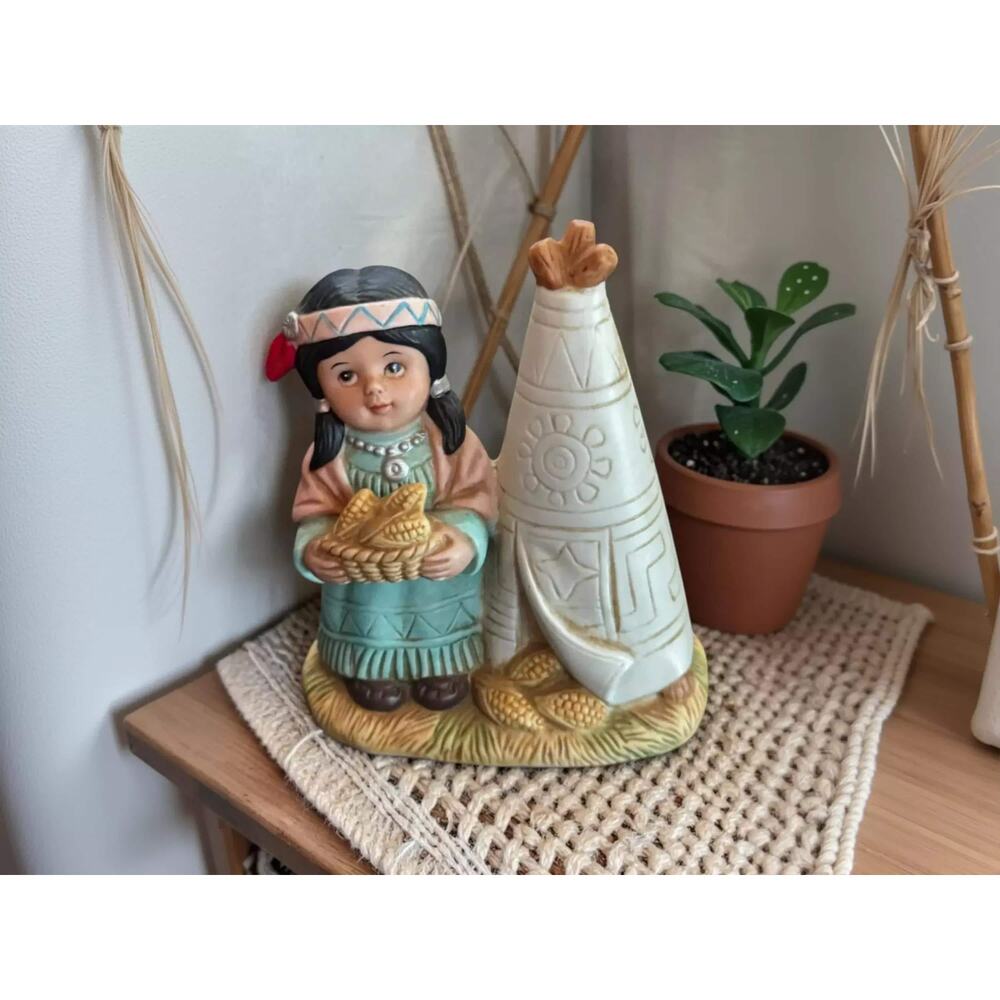 Vintage Native American Girl Figurine - Ceramic Teepee and Corn Detail